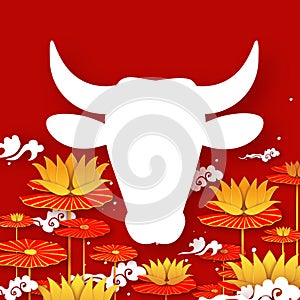 Bull New Year. Lotus Flower. Happy New Year. Bull, ox, cow. 2021 Lunar horoscope sign in paper cut style. Red and Gold