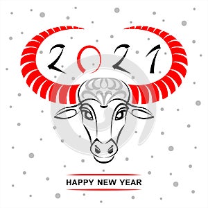 Bull, ox head drawing, Happy New Year 2021 greeting card