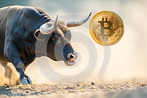 Bull pokes up bitcoin with its snout. Bullish trend concept.