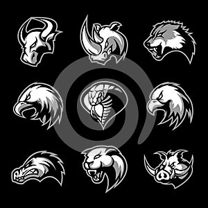 Bull, rhino, wolf, eagle, cobra, alligator, panther, boar head isolated vector logo concept.