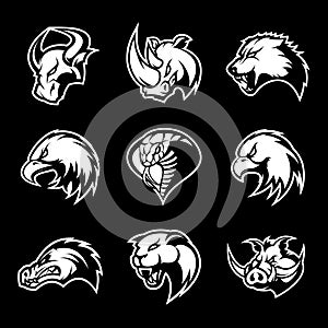 Bull, rhino, wolf, eagle, cobra, alligator, panther, boar head isolated vector logo concept.