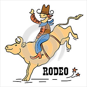 Bull rider cartoon vector illustration isolated on white. Vector funny cowboy riding a bull with rodeo text.