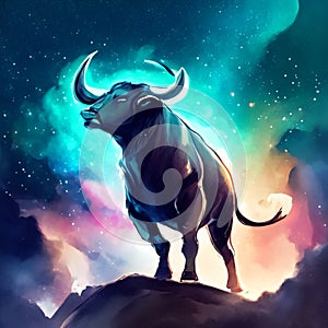 Bull on the rock in the night sky. Digital painting. Illustration. generative AI