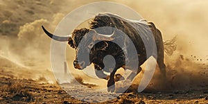 a bull running through the dark while breathing smoke, in the style of light brown and navy, grandeur of scale