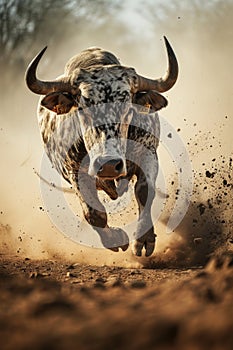 a bull running through the dark while breathing smoke, in the style of light brown and navy, grandeur of scale
