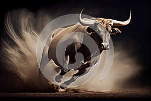 bull, running full speed ahead with its horns down