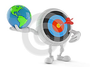 Bull`s eye character holding world globe