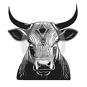 Bull s head full face. Brutal look. Line sketch. Hand drawn in graphic black and white style. Vintage vector graphics