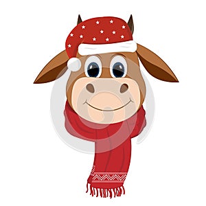 Bull in a Santa Claus hat