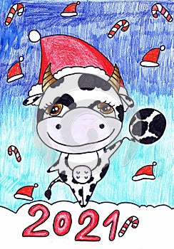 A bull in a Santa Claus hat holds a balloon. Children`s drawing