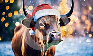 bull in santa's hat year of the ox. Selective focus.