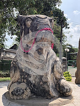 Bull sculpture in ancient Kanchi Kailsanathar temple in Kanchipuram, Tamil nadu. Decorated nandi statue kept in the ancient Hindu