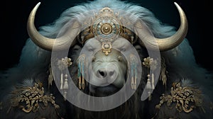 A bull with sheep\'s horns, long wool and fancy decorations, an amazing creature.