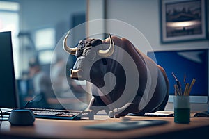 bull is sitting at the office table in front of a computer.generative ai