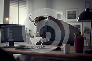 bull is sitting at the office table in front of a computer.generative ai