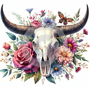 Bull skull with flowers. Hand drawn watercolor illustration isolated on white background