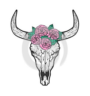 Bull skull with roses native Americans tribal style. Dotted Tattoo blackwork. Vector hand drawn illustration. Boho