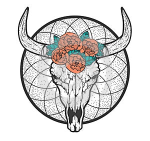 Bull skull with roses native Americans tribal style. Tattoo blackwork. Vector hand drawn illustration. Boho design