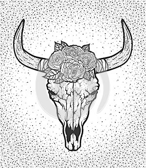 Bull skull with roses native Americans tribal style. Tattoo blackwork. Vector hand drawn illustration. Boho