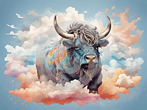 Bull in the sky, black mammal Yak, Ai generated