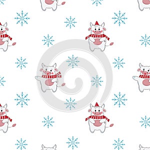 Bull and snowflakes pattern, Christmas card, friendly Taurus in a red scarf and Santa hat, fabric drawing of a cartoon