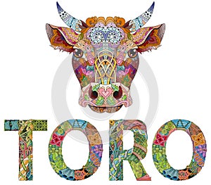 Bull in Spanish with bull head artwork illustration on the white background