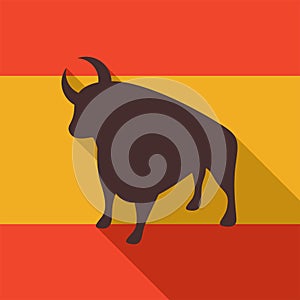 Bull on spanish flag background. Flat style vector illustration.