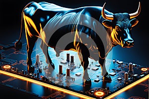 Bull Standing on a Circuit Board: Encircled by Fluorescent Lights, Casting a Glow in the Surrounding Space