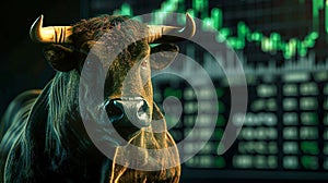A bull standing confidently in front of a digital stock chart, symbolizing a bullish market trend and potential for financial