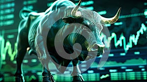 A bull stands confidently in front of a detailed stock chart, symbolizing bullish market sentiment and positive growth in the