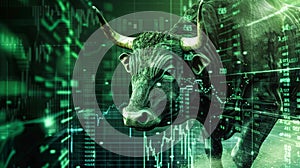 A bull stands confidently in front of a stock chart, symbolizing a bullish market trend and positive investor sentiment in the