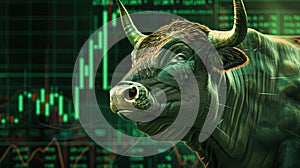 A bull stands confidently in front of a stock chart, symbolizing a bullish market trend and positive investor sentiment