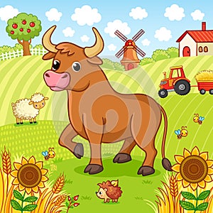 Bull stands on a field next to a hedgehog and a sheep. Vector illustration with farm and pets