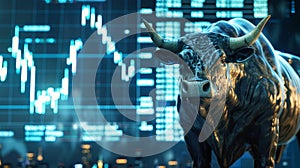 Bull statue stands in front of a fluctuating stock chart, symbolizing bullish market sentiment in trading