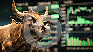 Bull statue stands in front of a fluctuating stock chart, symbolizing bullish market sentiment in trading