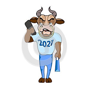 Bull, symbol of 2021. Chinese horoscope. Cartoon sports physique Bull in a t-shirt and pants with a bag talking on a cell phone.