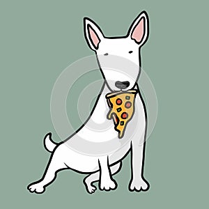 Bull Terrier dog eating pizza cartoon illustration