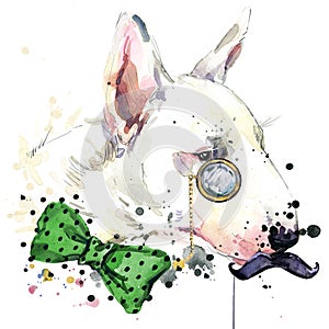 Bull Terrier dog T-shirt graphics. dog illustration with splash watercolor textured background. unusual illustration watercolor