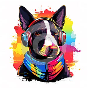 Bull terrier dog wearing headphones on clean background. Pet. Animals.