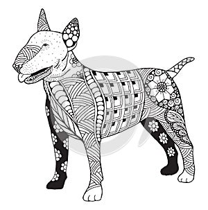 Bull terrier dog zentangle stylized, vector, illustration, freehand pencil, hand drawn, pattern. Zen art. Black and white