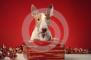 Bull Terrier puppy leaning on the Christmas red present, red backgroung