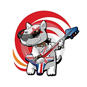 Bull terrier rock star with union jack painted guitar