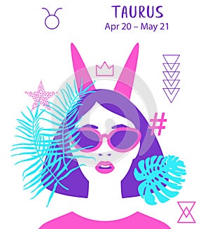 Bull to Taurus of zodiac, horoscope concept, vector art, illustration. Beautiful girl silhouette. Astrological sign as a beautiful