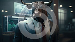 Bull trader depicts a confident and optimistic figure making investments and profiting in the financial market