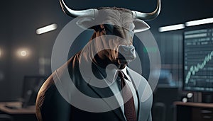 Bull trader depicts a confident and optimistic figure making investments and profiting in the financial market