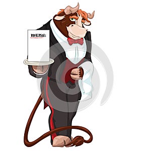 Bull in tuxedo of waiter holding a tray with menu inviting to restaurant