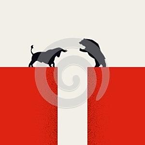Bull vs bear market vector concept. Symbol of stock market up and down fluctuation, financial trading.