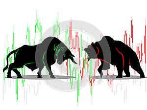 Bull vs bear symbol of stock market trend on white background Illustration