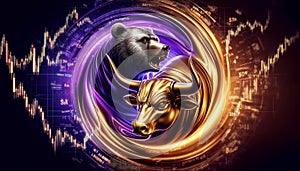 Bull vs bear, symbols of stock market , fierce market battle in gold and purple colors with chart