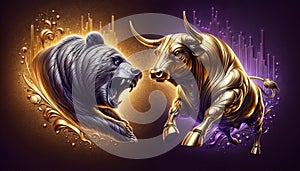 Bull vs bear, symbols of stock market , fierce market battle in gold and purple colors with chart